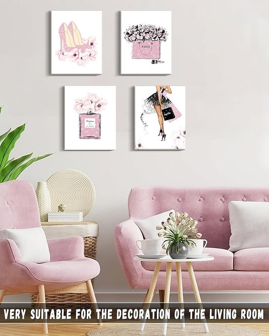 Glam Pink Fashion Wall Decor,Woman Makeup Framed Wall Art,Hot Pink Girly Room Decor,Perfume Handbags High Heels Lipstick Wall Paintings Set of 4