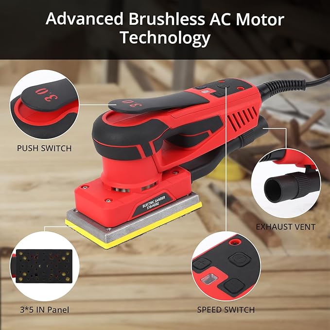 Electric Sheet Sander, Corded Multi-Function Detail Sander, 260W Brushless Motor Sheet Sander with 12 Sanding Paper, Max 10,000rpm Palm Sander with Brushless Motor Sanders for Woodworking