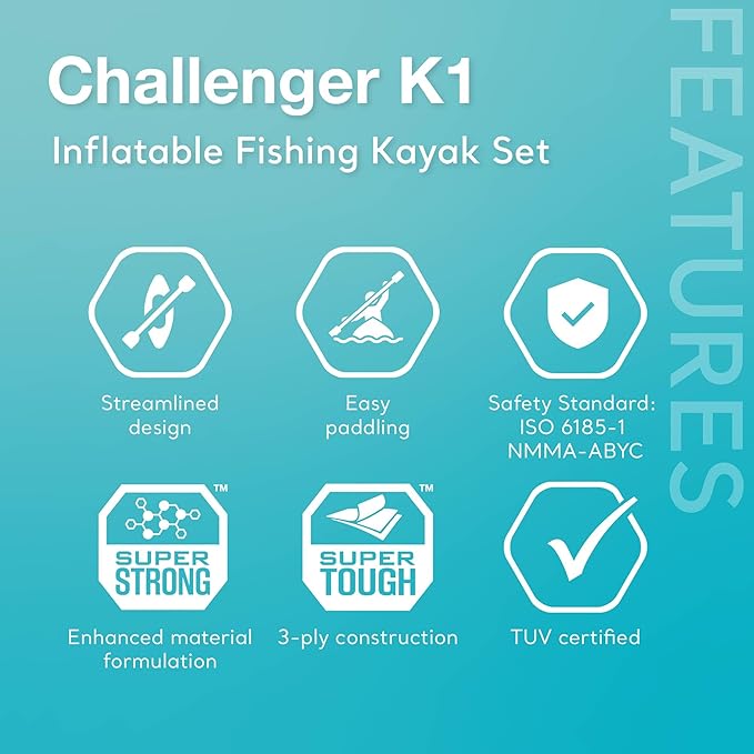 INTEX Challenger Series Inflatable Kayak: Includes 86-inch luxury kayak paddles and high-performance pump - Super strong PVC - Adjustable seat with backrest - Removable Skeg - Net of