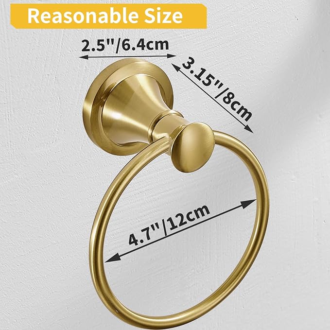 BESy Brushed Gold Bathroom Hand Towel Ring Towel Holder, Rustproof Wall Mounted Bathroom Hardware Accessory SUS 304 Stainless Steel Towel Rack