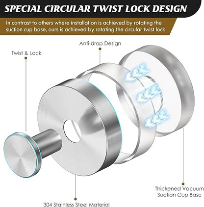 Suction Cup Hooks for Shower,2Pcs Shower Hooks for Inside Shower,No Drill Towel Hooks for Bathroom Wall,Kitchen,Glass,Mirror,Tile to Hang Towels,Robes,Loofah-Silver