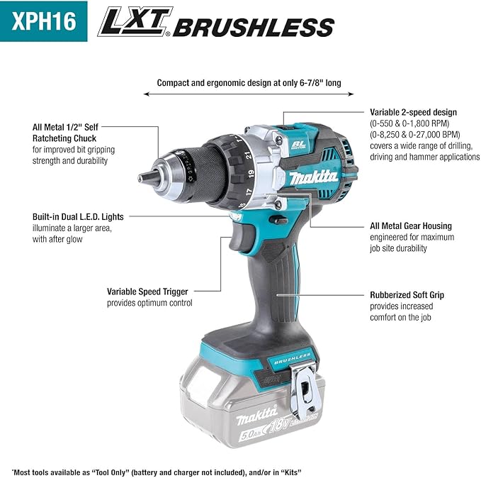 Makita XPH16Z 18V LXT Lithium-Ion Compact Brushless Cordless 12" Hammer Driver-Drill, Tool Only