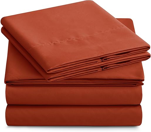 KKJIAF 4 Piece Bed Sheet Set, Microfiber Bed Sheet King Size, 1800 Thread Count Microfiber Soft  Breathable Bedding Sheet Sets, Deep Pocket Fitted Sheet, Flat Sheet and 2 Pillowcases - Burnt Orange