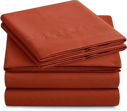 KKJIAF 4 Piece Bed Sheet Set, Microfiber Bed Sheet King Size, 1800 Thread Count Microfiber Soft  Breathable Bedding Sheet Sets, Deep Pocket Fitted Sheet, Flat Sheet and 2 Pillowcases - Burnt Orange