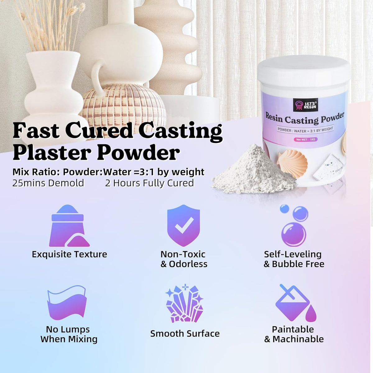 LET'S RESIN Resin Casting Powders Starter Kit, 1000g Fast Cured Odorless Casting Powder, 20~30 Minutes De-Mold, Water Activated Plaster Powder Casting Kit for DIY, Easy Mixing & Self Leveling ( only Powder )