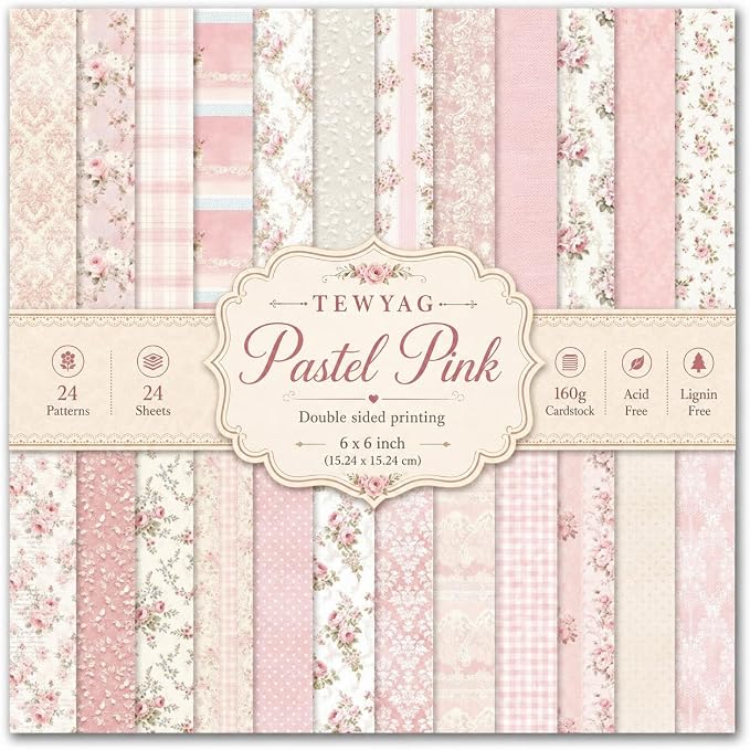 Floral Pink Scrapbook Paper Pad, 6x6 Aesthetic Craft Paper, 24 Sheets Double-Sided Decorative Patterned Decorative Junk Journal Supplies for Mixed Media, Card Making, Decoupage & DIY Art