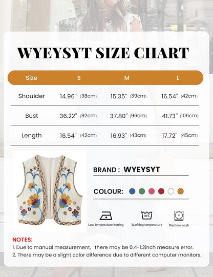 Wyeysyt Women Floral Embroidered Vest Vintage Sleeveless Boho Y2k Cardigan Open Front Cropped Waistcoat
