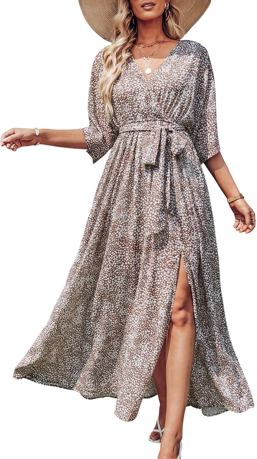 ANRABESS Womens 1/2 Sleeve Beach Wedding Guest Maxi Dresses 2026 Summer Wrap V Neck Boho Floral Flowy Slit Long Dresses.