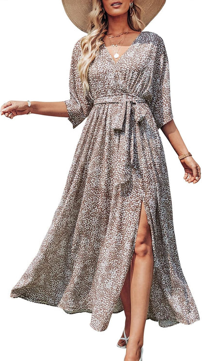 ANRABESS Womens 1/2 Sleeve Beach Wedding Guest Maxi Dresses 2026 Summer Wrap V Neck Boho Floral Flowy Slit Long Dresses.