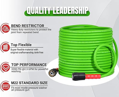 YAMATIC Super Flexible Pressure Washer Hose 50FT for Power Washer Replacement, Kink Resistant Extension With Leak-Free M22 Female & 3/8" Quick Connect Adapters, 1/4" 3200 PSI, Green