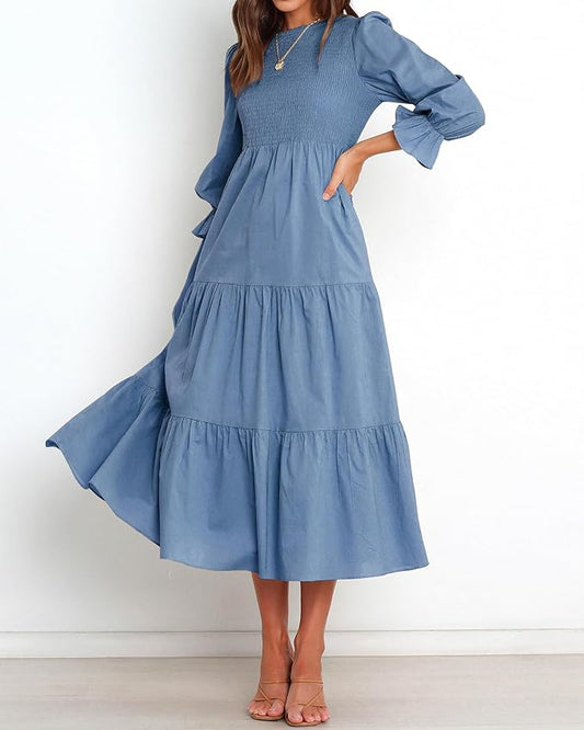 BTFBM Women Casual Long Sleeve Crew Neck Fall Dress Bohemian Relaxed Fit Floral Flowy Maxi Dresses Tiered Cocktail Dress