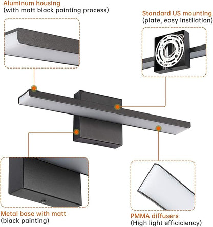 JUSHENG Black Bathroom Vanity Light Fixtures Modern Aluminum LED Wall Mount Sconce Lights for Mirror Lighting Indoor Bedroom Bedside Lamps 16W 16.14" 6000K