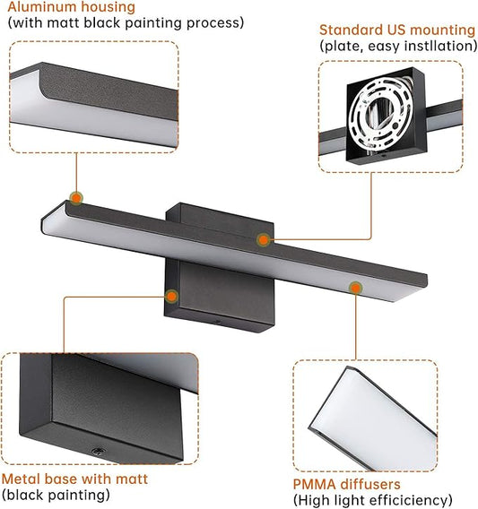 JUSHENG Black Bathroom Vanity Light Fixtures Modern Aluminum LED Wall Mount Sconce Lights for Mirror Lighting Indoor Bedroom Bedside Lamps 16W 16.14" 6000K