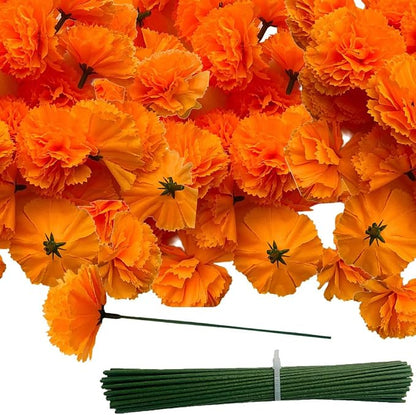 50Pcs Artificial Marigold Flower Heads Silk Marigold Flowers Dia De Los Muertos Bulk Fake Artificial Flowers with 50pcs Stem for Day of The Dead/Halloween/Cake/Desktop/wreath DIY Decorations (Orange)