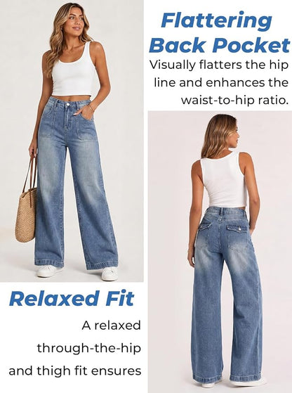 Size 8-10 US EMMIOL Baggy Jeans Women High Waisted Wide Leg Jeans | Patchwork Pockets,Y2K Boyfriend Denim Pants,Back to School Outfits for women
