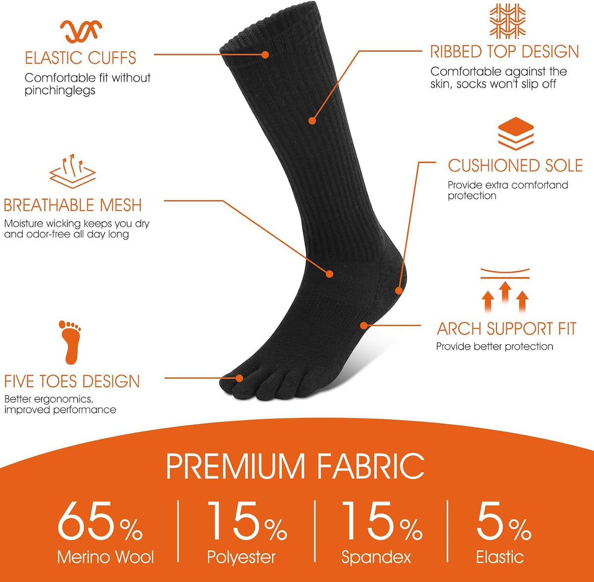 Merino Wool Toe Socks for Men&Women Hiking Cushion Five Finger Boot Socks Crew Length (1 Pairs)