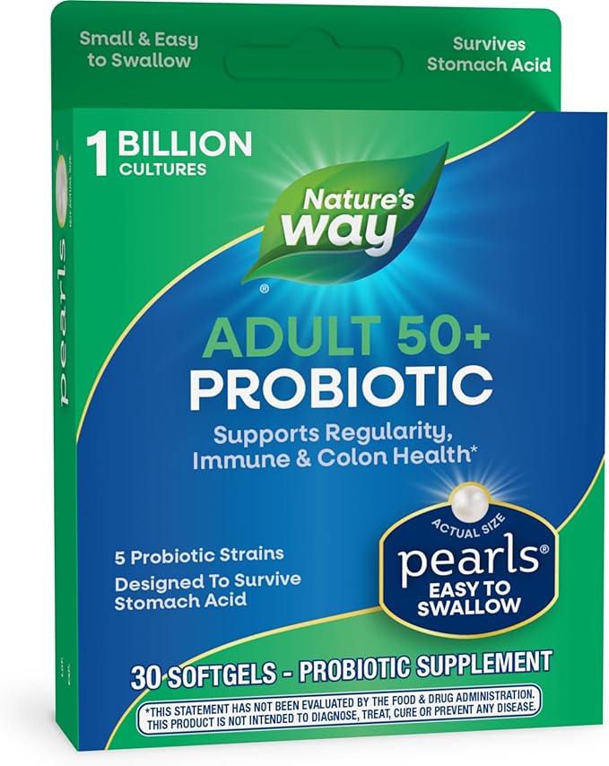 Nature's Way Adults 50 Probiotic Pearls, Supports Regularity, Immune and Colon Health, 1 Billion Cultures, No Refrigeration Required, 30 Softgels (Packaging May Vary)