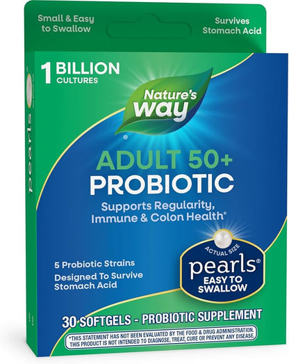 Nature's Way Adults 50 Probiotic Pearls, Supports Regularity, Immune and Colon Health, 1 Billion Cultures, No Refrigeration Required, 30 Softgels (Packaging May Vary)