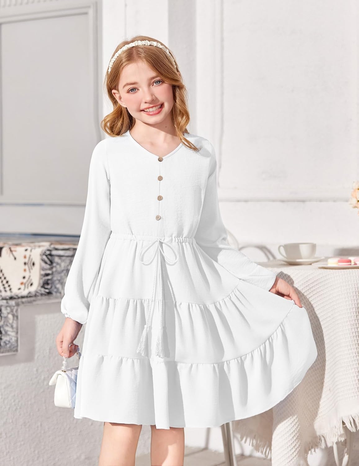Size 12, Arshiner Tween Girls Dresses Fall Long Sleeve V Neck Waist Tie Ruffle Tiered Swing Skater Dress.