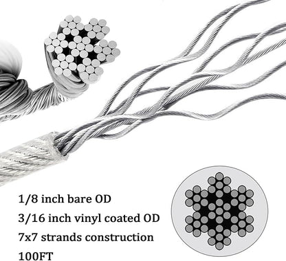 DOEWORKS Wire Rope Stainless Steel Vinyl Coated Aircraft Cable 18" Thru 316", 100 Ft 7x7 Strands Construction with 50Pcs Aluminum Sleeves,for Decking Railings String Lights,Outdoor,Garden or Crafts