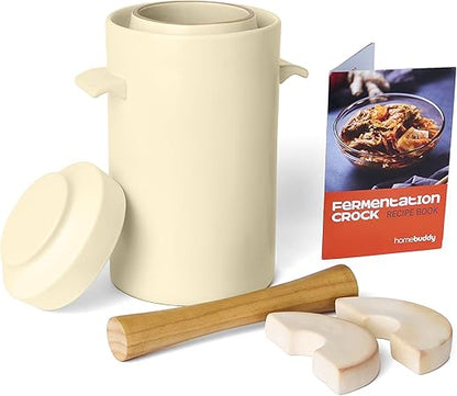 HomeBuddy Ivory Fermentation Crock (1 Gallon) with Weights, Acacia Wood Pounder and Recipie Book - Sauerkraut Fermentation Kit, Onggi Kimchi Jar, Fermenting Crock for Pickling or Sourdough