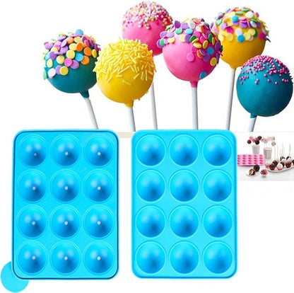 Silicone Bake Molds 12 Hole Silicone Cake Pop Mold Ball Shaped Die Mold Silicone Lollipop Chocolate Cake Ice Tray Stick Tool 1Set