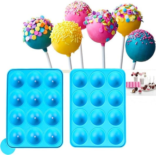 Silicone Bake Molds 12 Hole Silicone Cake Pop Mold Ball Shaped Die Mold Silicone Lollipop Chocolate Cake Ice Tray Stick Tool 1Set