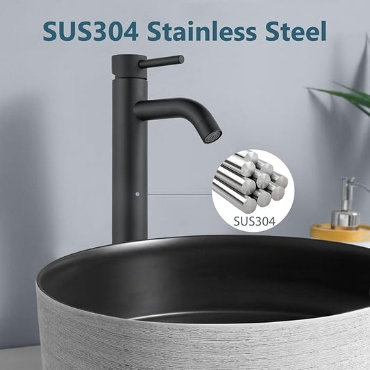 Aolemi Matte Black Vessel Sink Faucet Bathroom Faucet Tall Stainless Steel Bathroom Sink Faucet Single Handle One Hole Round Body with Pop up Drain Basin Bowl Vanity Lavatory Mixer Tap