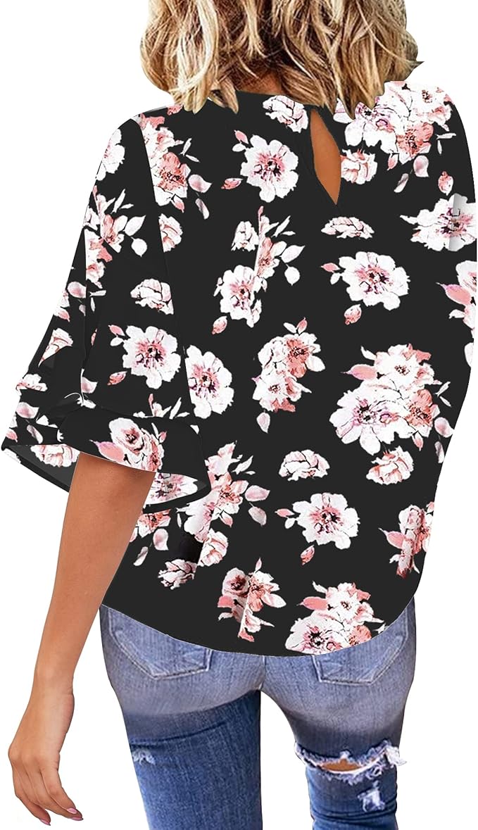 Luvamia Women's Casual 3/4 Tiered Bell Sleeve Crewneck Loose Tops Blouses Shirt