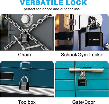 DELSWIN 4-Digit Combination Lock Outdoor Padlock - Heavy Duty Locker Lock with Hardened Steel Shackle, Waterproof Combo Lock for Gym Locker, Hasp Storage, Shed, Fence, Gate (Black,1Pcs)