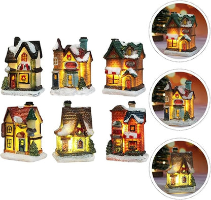 balacoo LED Lighted Christmas Village Houses: 4Pcs Mini Christmas Figurines Miniature Desktop Ornaments for Xmas Holiday Landscape Decor