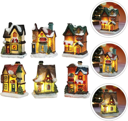 balacoo LED Lighted Christmas Village Houses: 4Pcs Mini Christmas Figurines Miniature Desktop Ornaments for Xmas Holiday Landscape Decor