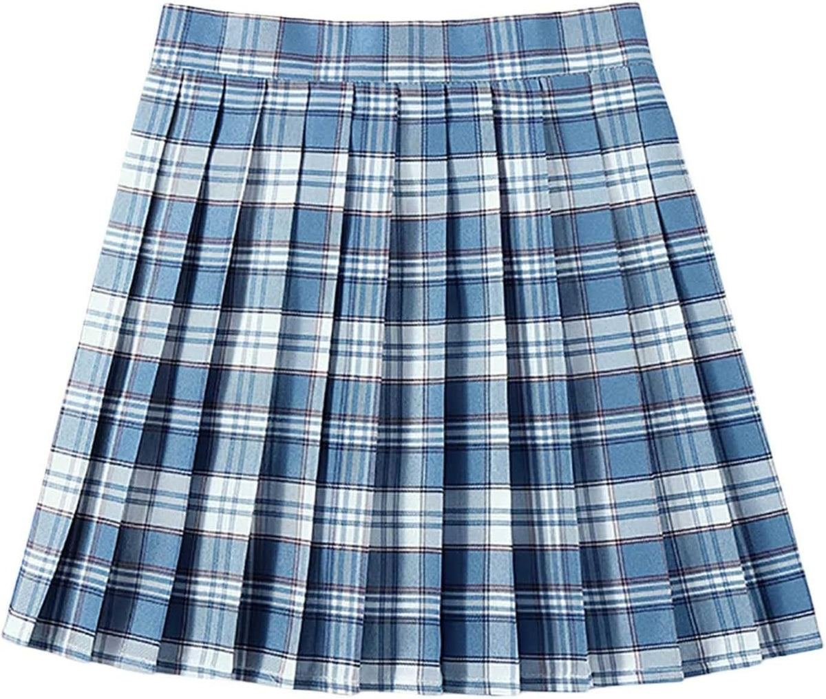 Womens Plaid Pleated Skirt Girls School Uniform Skirt High Waist A-line Skirt Athletic Running Pleated Skirt.