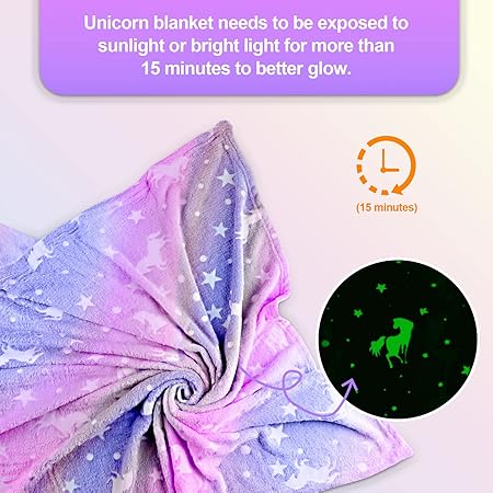 Unicorn Glow in The Dark Blanket for GirlsKids Age 3-12, Soft Fleece Throw - 40"x60"