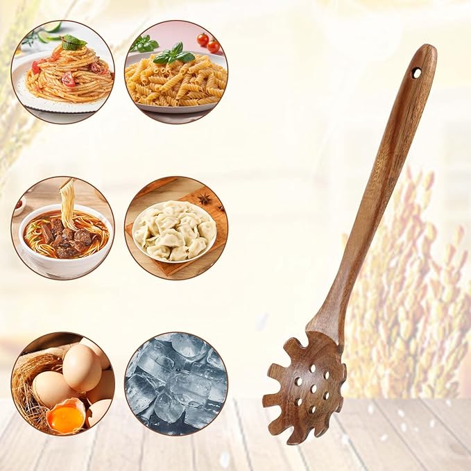 Wooden Pasta Spoon with Teeth 13 Inch Wooden Slotted Spoon Spaghetti Fork for Serving Pasta Long Hand Serving Utensils Wood Spaghetti Server Spoons Spatula Tool