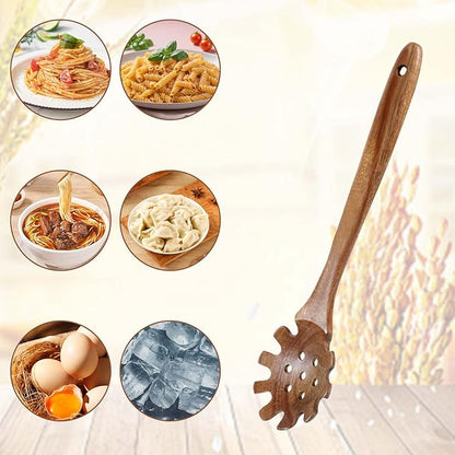 Wooden Pasta Spoon with Teeth 13 Inch Wooden Slotted Spoon Spaghetti Fork for Serving Pasta Long Hand Serving Utensils Wood Spaghetti Server Spoons Spatula Tool