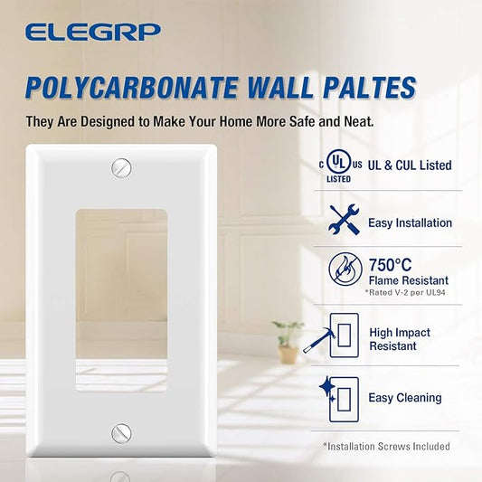 ELEGRP Decorative Receptacle Wall Plate, 1-Gang Standard Size Decorator Covers, Unbreakable Polycarbonate Faceplates for Decorator Device, UL Listed, Screws Included (2 Pack, Glossy White)