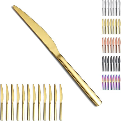 Evanda Gold Dinner Knives Set 12 Pieces, Titanium Plating Stainless Steel Butter Knives Table Knives, Flatware Steak Knives Silverware Set, Cutlery Set, Dishwasher Safe