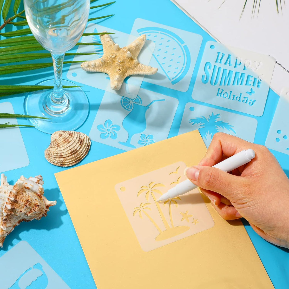 Augshy Beach Stencils, 56 Pack Summer Beach Wood Hawaiian Ocean Life Stencils for Scrapbooking Drawing Wall Floor Decor DIY Rock Painting Art Projects (3 Inch)