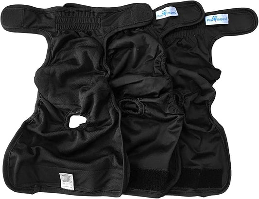Paw Inspired Washable Dog Diapers (3 Pack) | Reusable Cloth Doggy Diapers for Female (Black with Black Lining, Size Medium)