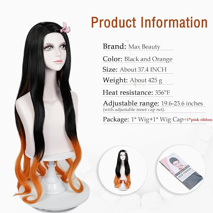 LABEAUTa Nezuko Cosplay Wig for Anime Black Orange Wig, Women Adult Long Halloween Character Costume Wigs Cosplay Clothes for Demon Slayer