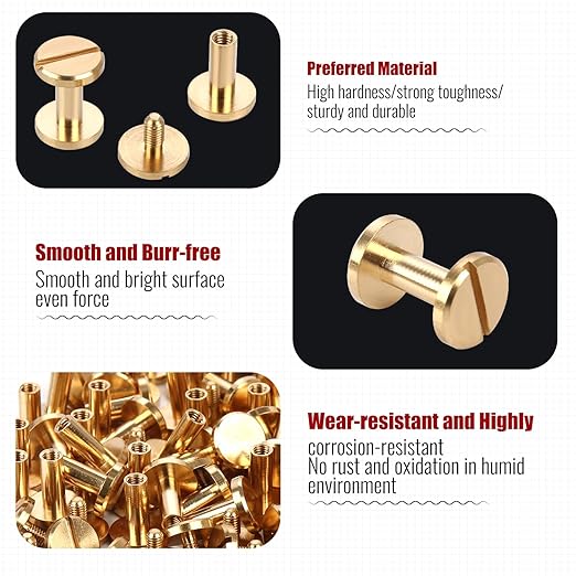 Chicago Binding Screws - 4mm x 10mm Binding Posts - 10mm Phillips Nut - Chicago Screw Binding Post Screw Kit for DIY Leather Decoration Scrapbook Photo Albums Bookbinding (Brass, 50 PCS)