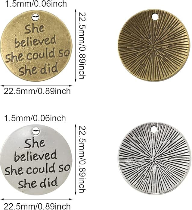 Honbay 40PCS Alloy Round Message Charms Pendant She Believed She Could So She Did Inspiration Words Charms for DIY Earring Necklace Bracelet Crafting Making (2 Color)