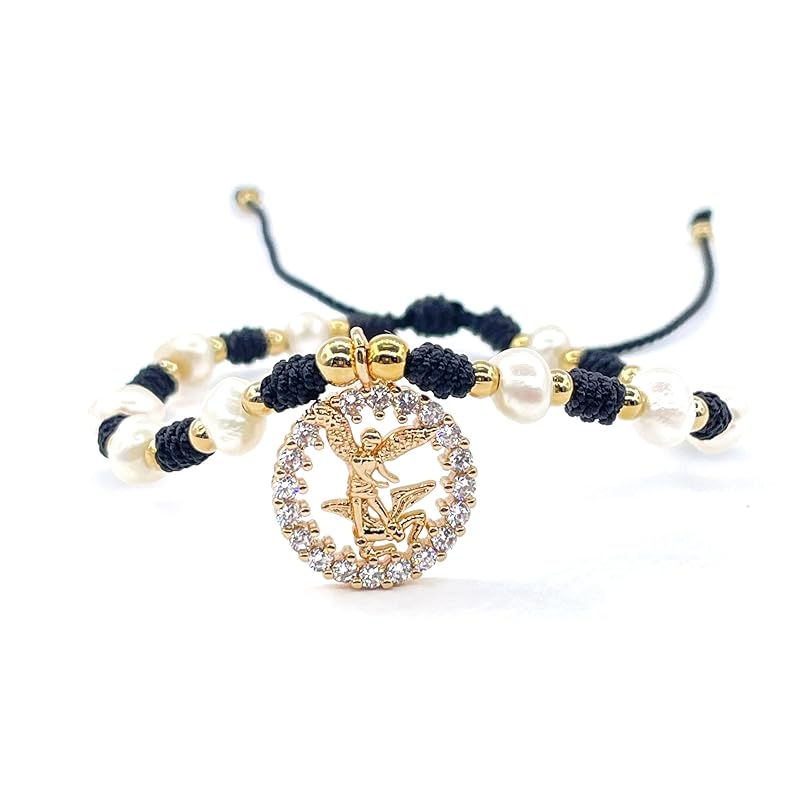St Michael Archangel Pendant Medal on Adjustable Ivory Cord and Freshwater Pearls Wrist Adjustable Bracelet (Black)
