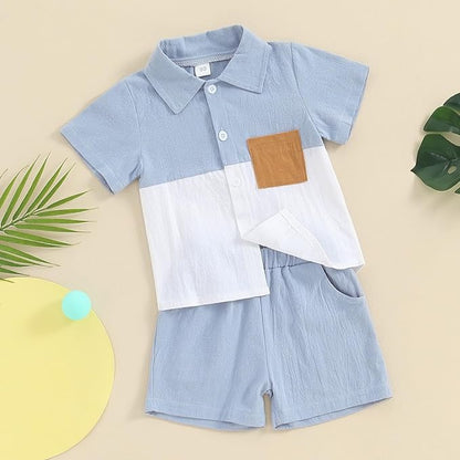 fhutpw Toddler Boy Patchwork Summer Outfits Short Sleeve Button Down Shirt Tops & Casual Shorts Sets Baby 2T 3T 4T 5T Clothes