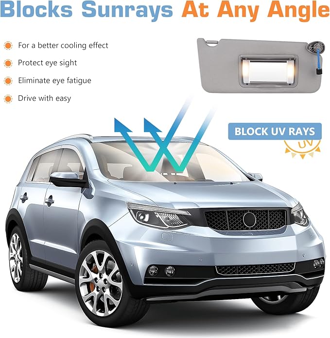 Sun Visor for 2008-2017 Honda Accord, Right Passenger Side Grey Sunvisor with Light, Replacement 83230TA0A91ZA