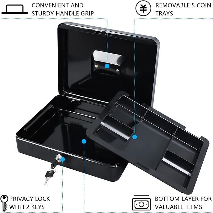 KYODOLED Metal Cash Box with Money Tray and Lock,Money Box with Cash Tray,Cash Drawer, Black X Large