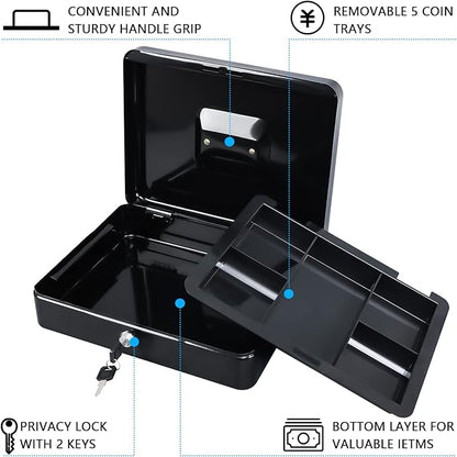 KYODOLED Metal Cash Box with Money Tray and Lock,Money Box with Cash Tray,Cash Drawer, Black X Large