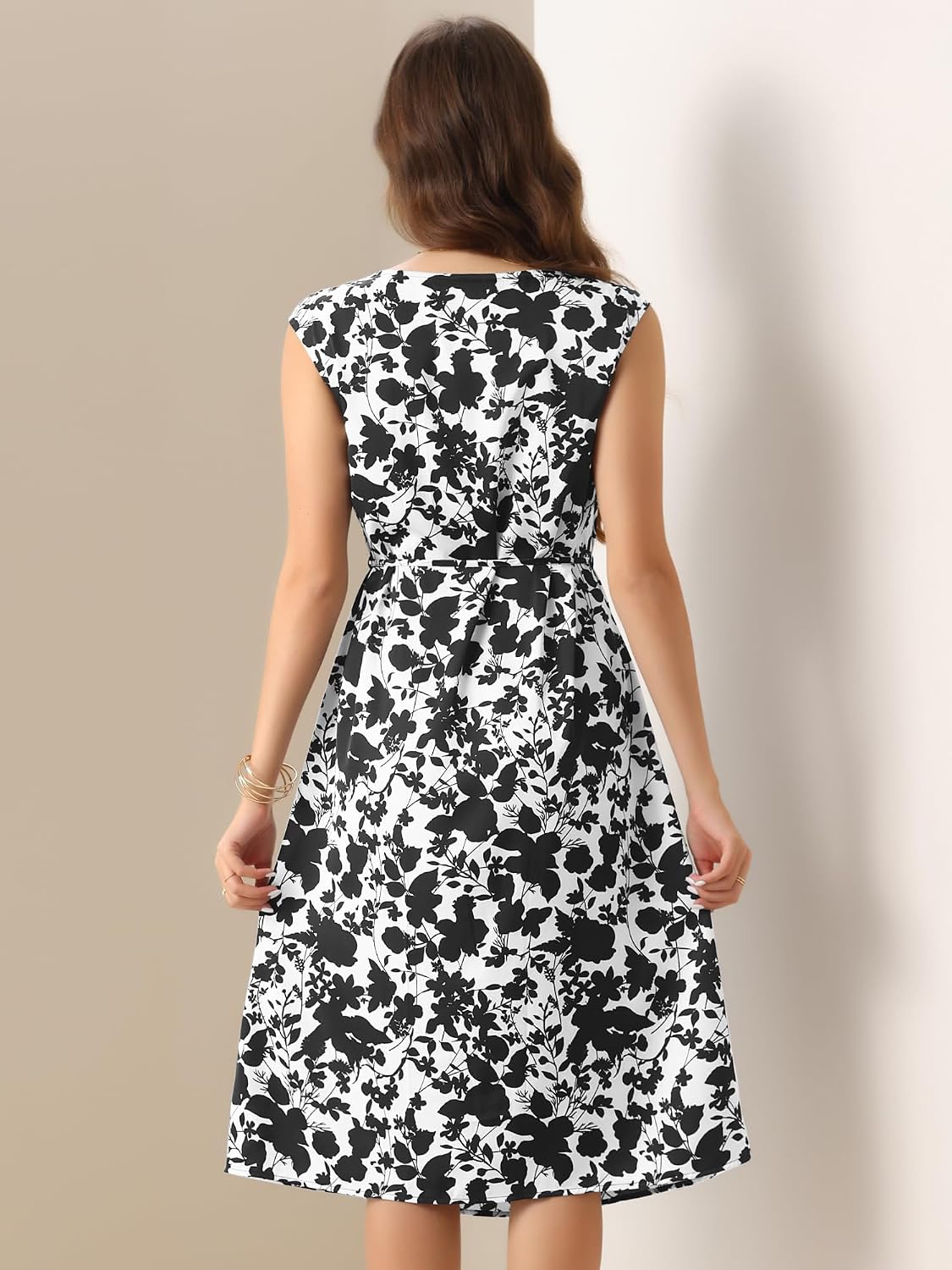Allegra K Elegant Floral Dress for Women's Vintage Cowl Neck Cap Sleeve Cocktail Tie Waist Shift Midi Dress