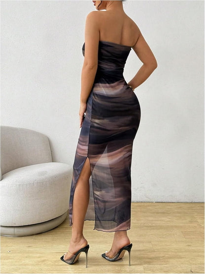Milumia Women's Tie Dye Strapless Maxi Dress Mesh Split Bodycon Vacation Long Tube Dresses h